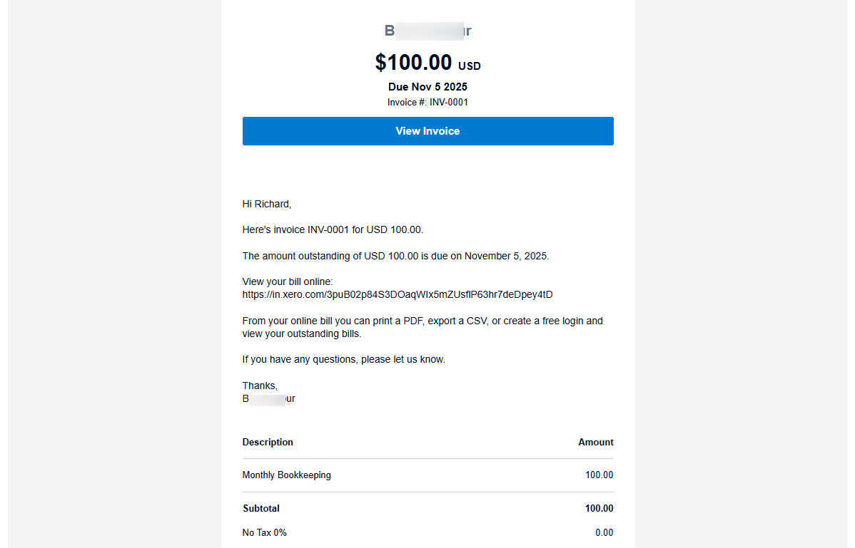 Xero completed invoice with all details ready to send