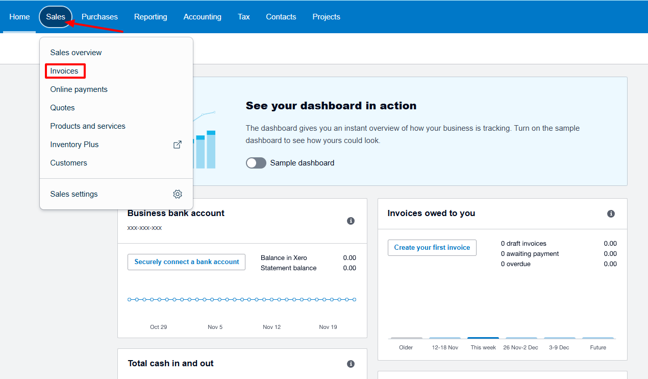 Xero invoices section in the sidebar navigation