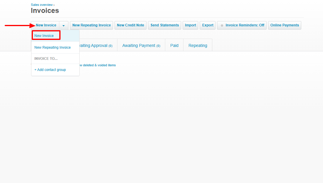 Xero new invoice button to create a new invoice