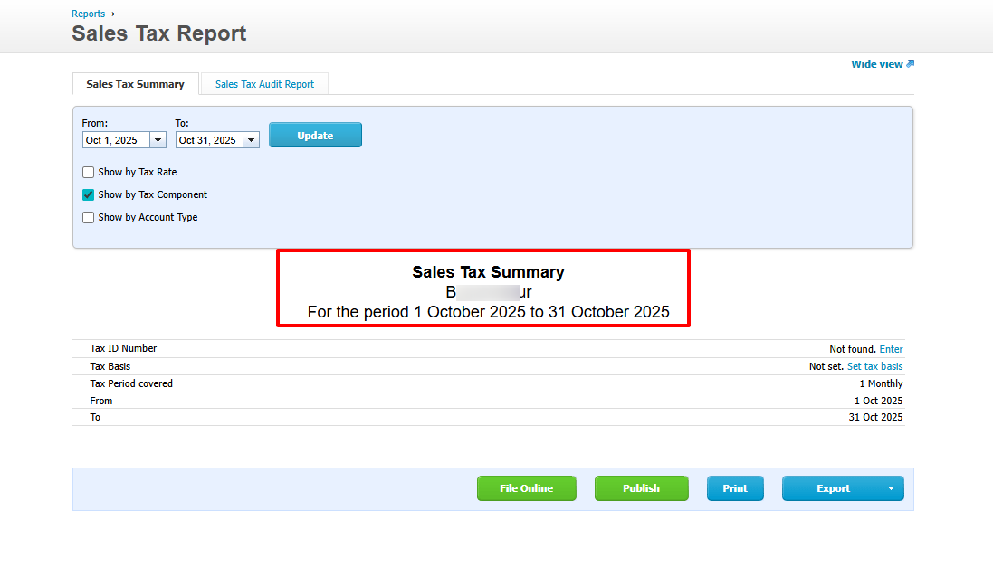 Xero sales tax report for a specific time period