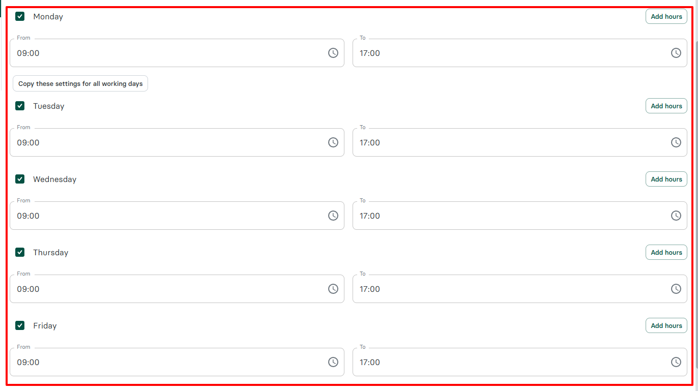 Zencal availability settings for working days and hours