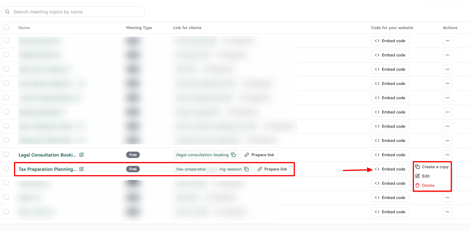 Zencal booking link with copy, embed, and share options