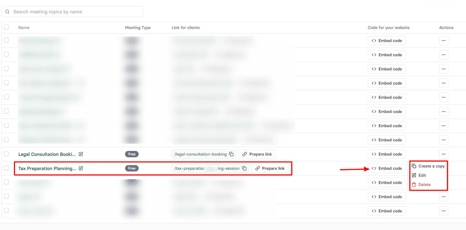 Zencal booking link with copy, embed, and share options