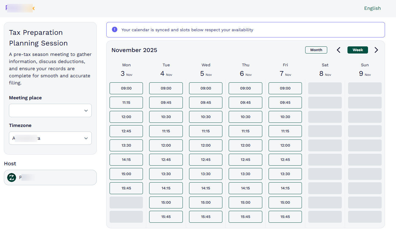 Zencal booking page example showing available time slots