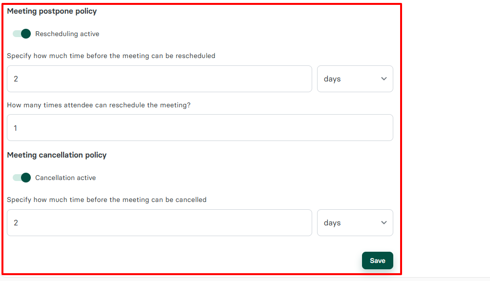 Zencal meeting cancellation and reschedule policy settings