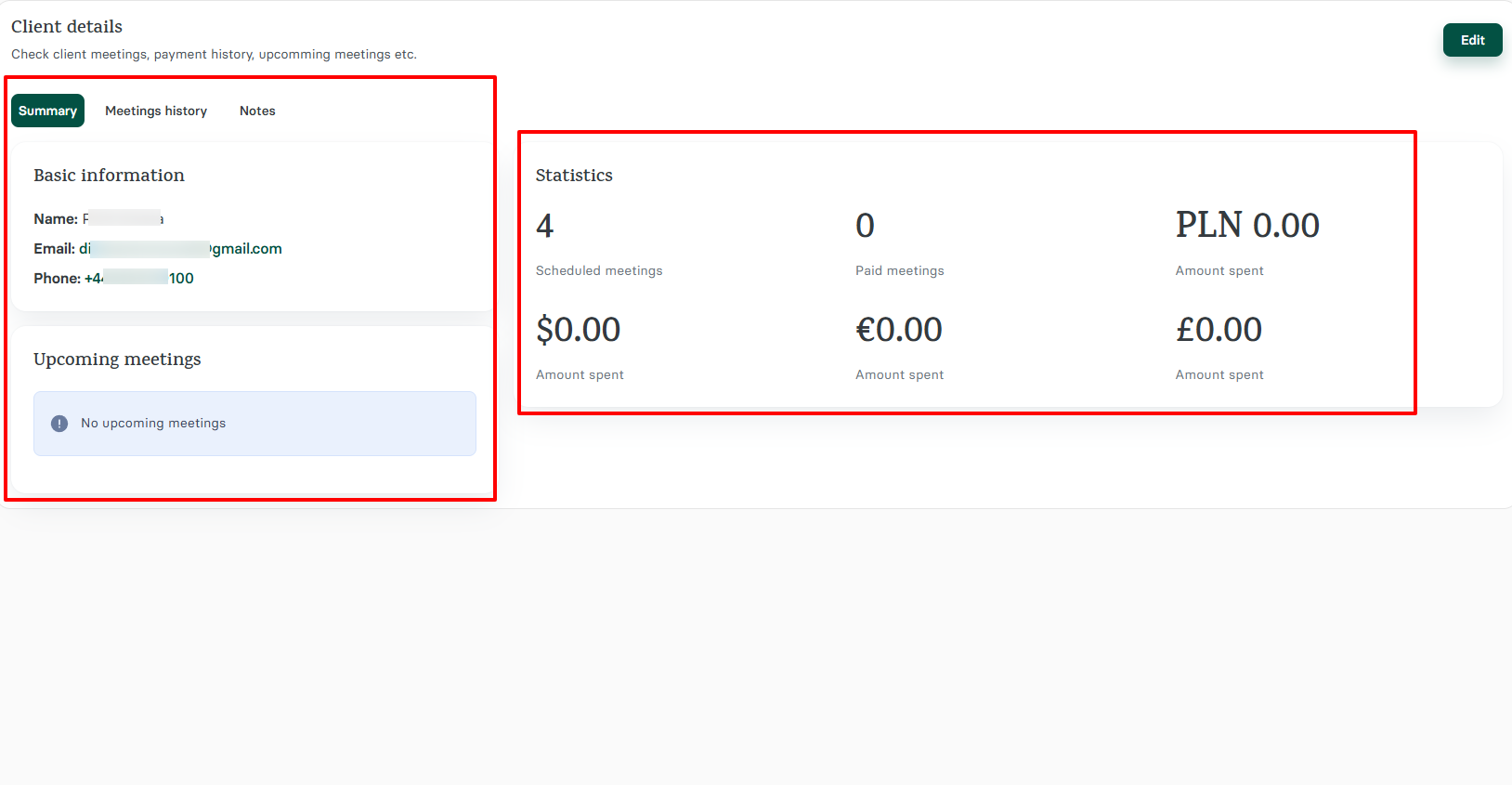 Zencal client details showing meeting history and payment information