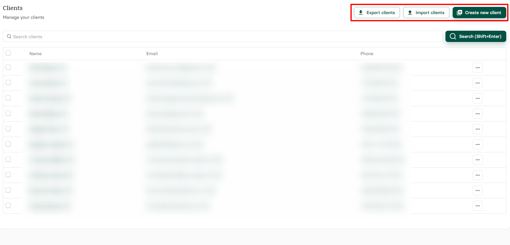 Zencal client management options: export, import, or add clients