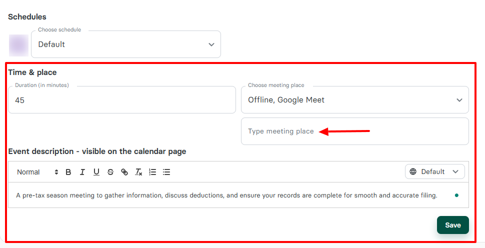 Zencal meeting location settings with video conferencing options