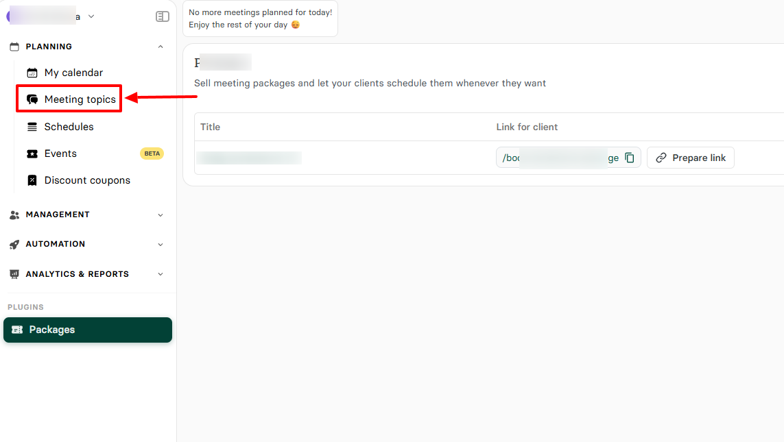 Zencal meeting topics section in the sidebar menu