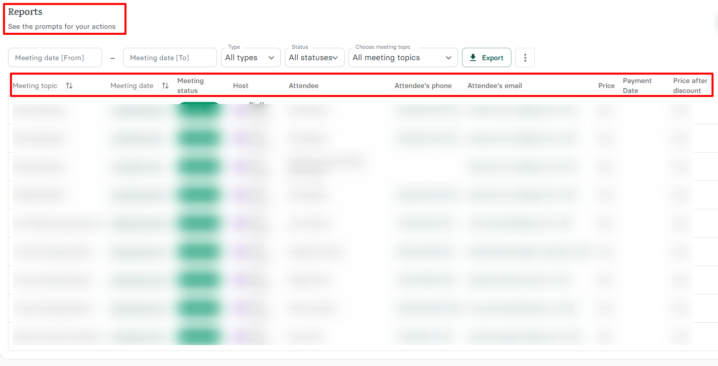 Zencal reports showing detailed meeting information and payment data