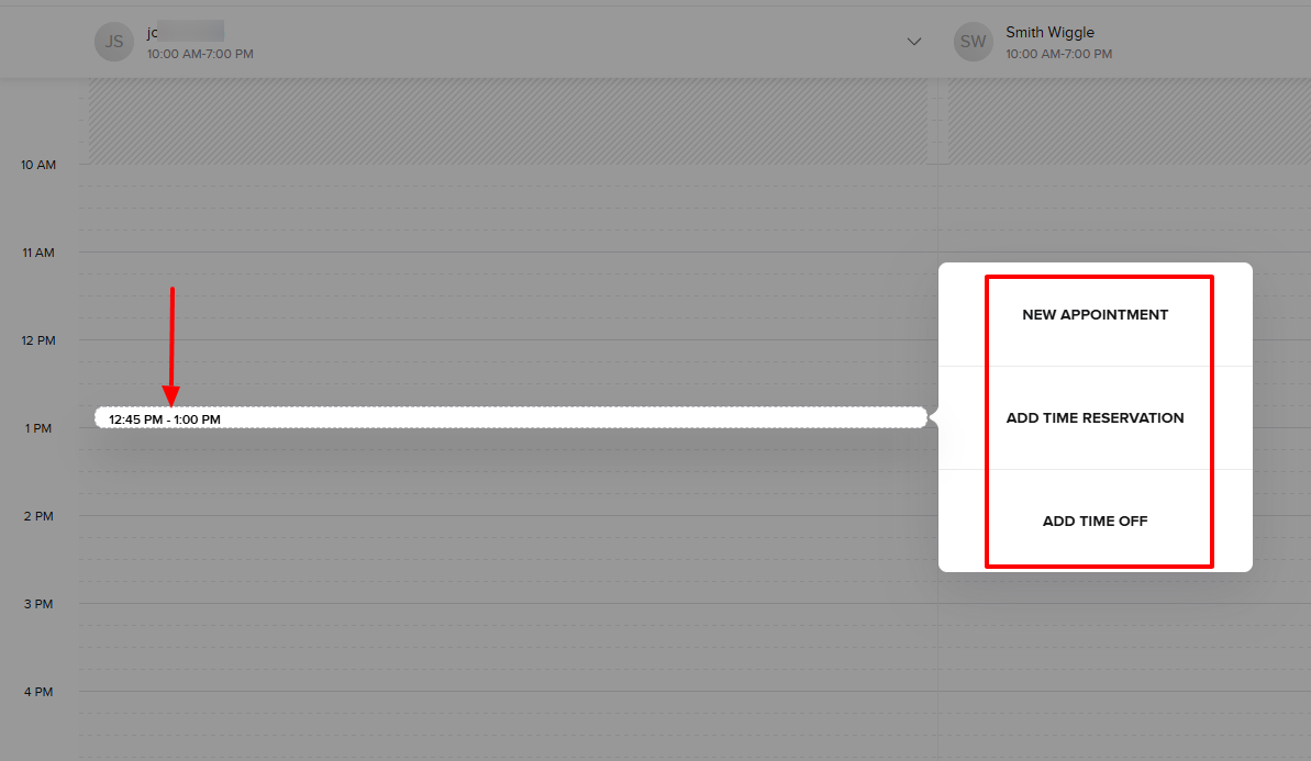 Booksy appointment creation options in beauty salon calendar