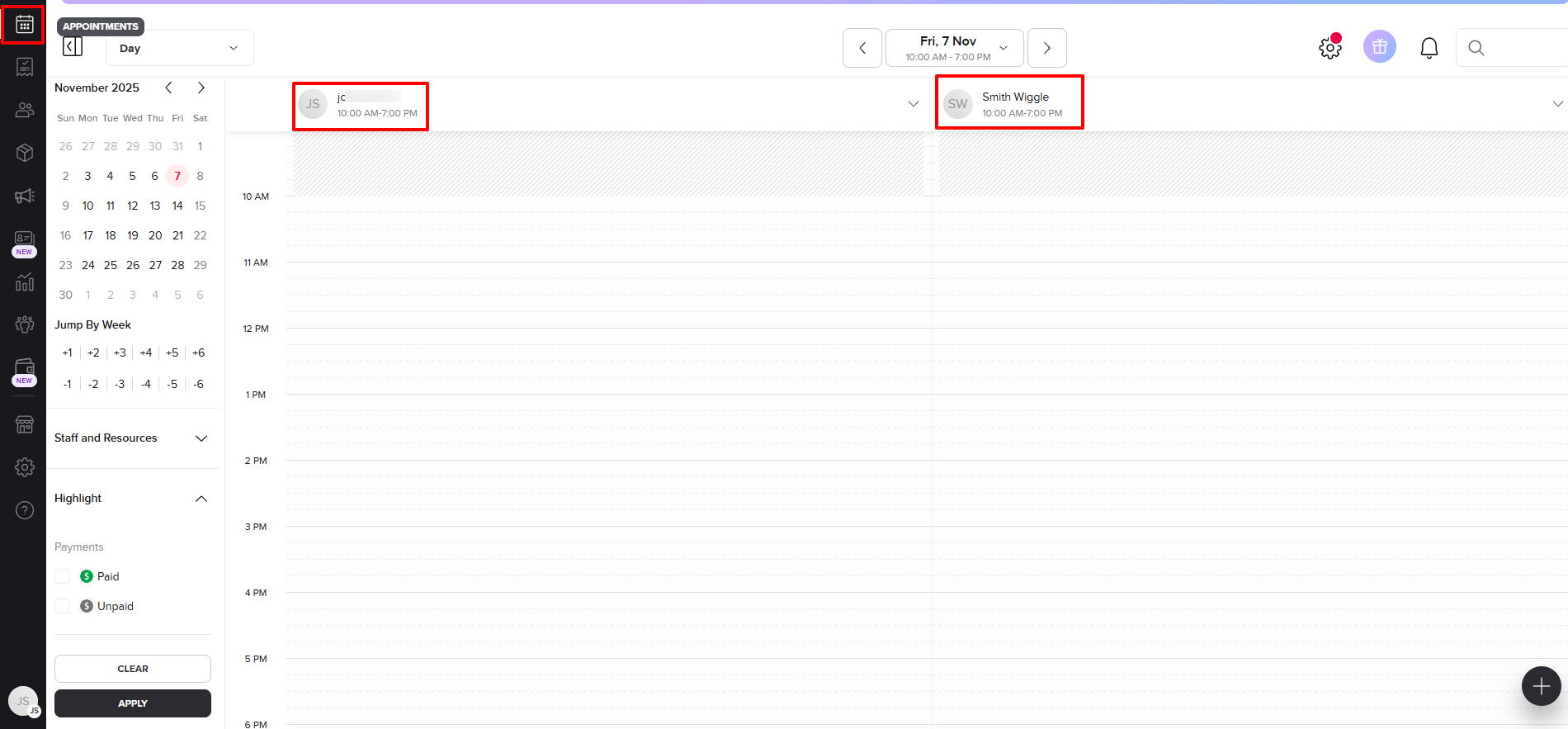 Booksy calendar view showing all beauty salon staff appointments