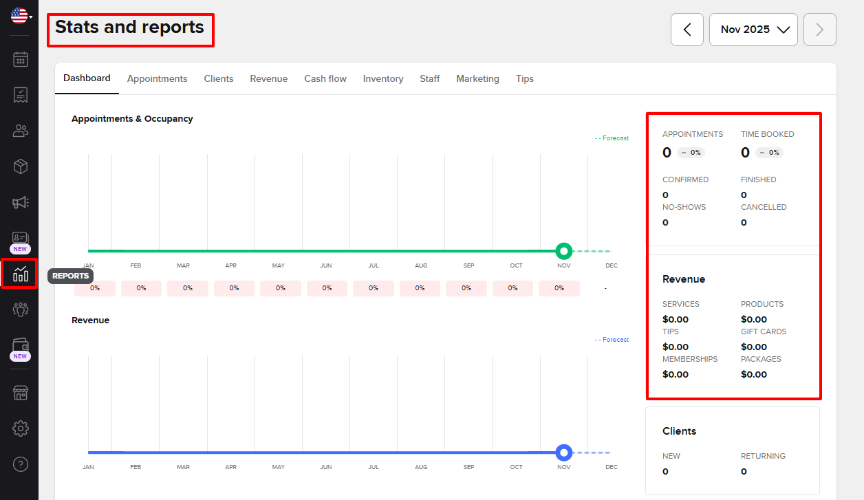 Booksy reports overview showing revenue and appointments for beauty salon