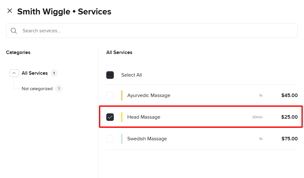 Booksy select service to assign to staff member in beauty salon