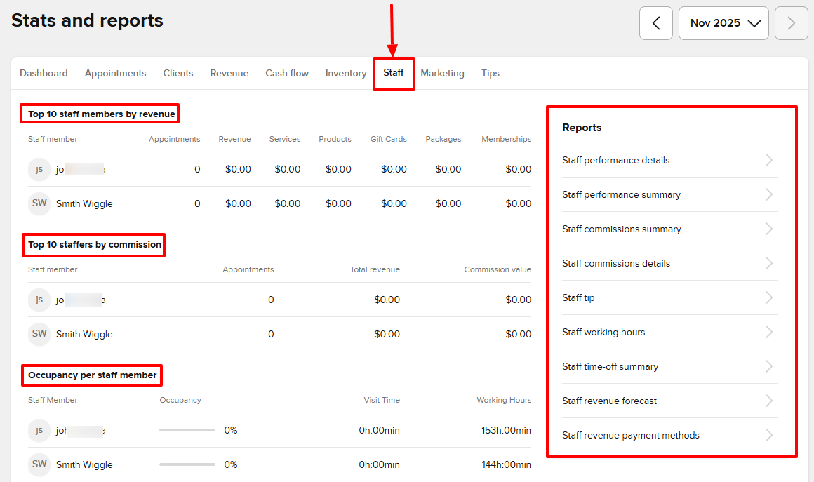 Booksy staff reports showing top 10 members by revenue for beauty salon