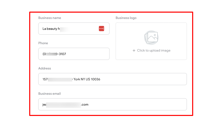 DaySmart Salon business information form for beauty salon website