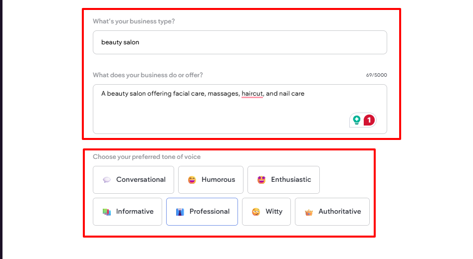 DaySmart Salon business type and description setup for beauty salon website
