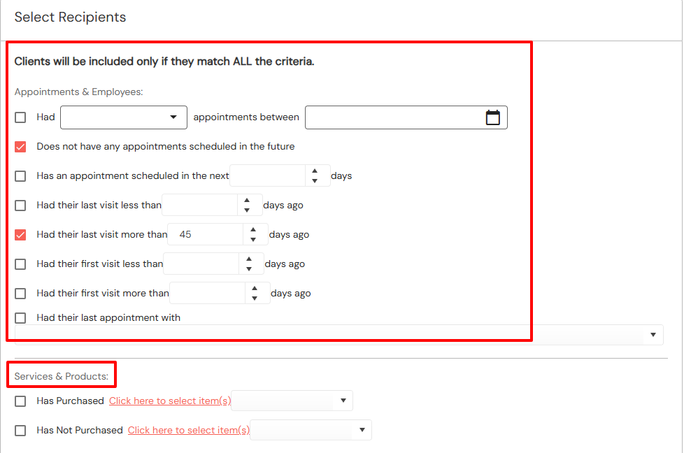 DaySmart Salon campaign recipient criteria for beauty salon email marketing