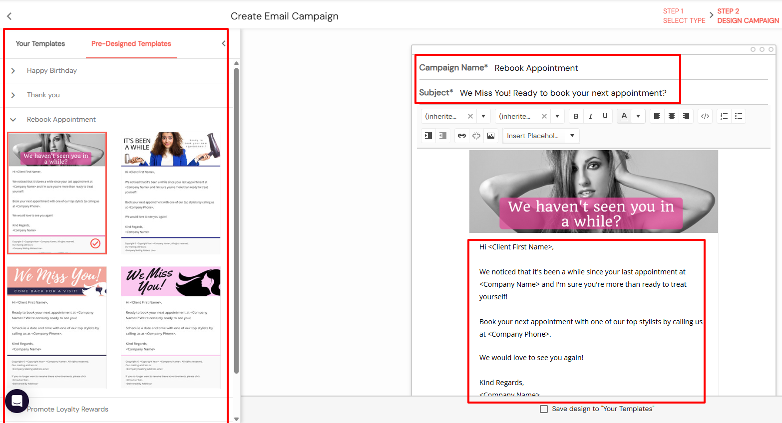DaySmart Salon email template for beauty salon client review request