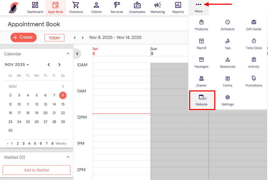DaySmart Salon website builder menu for beauty salon