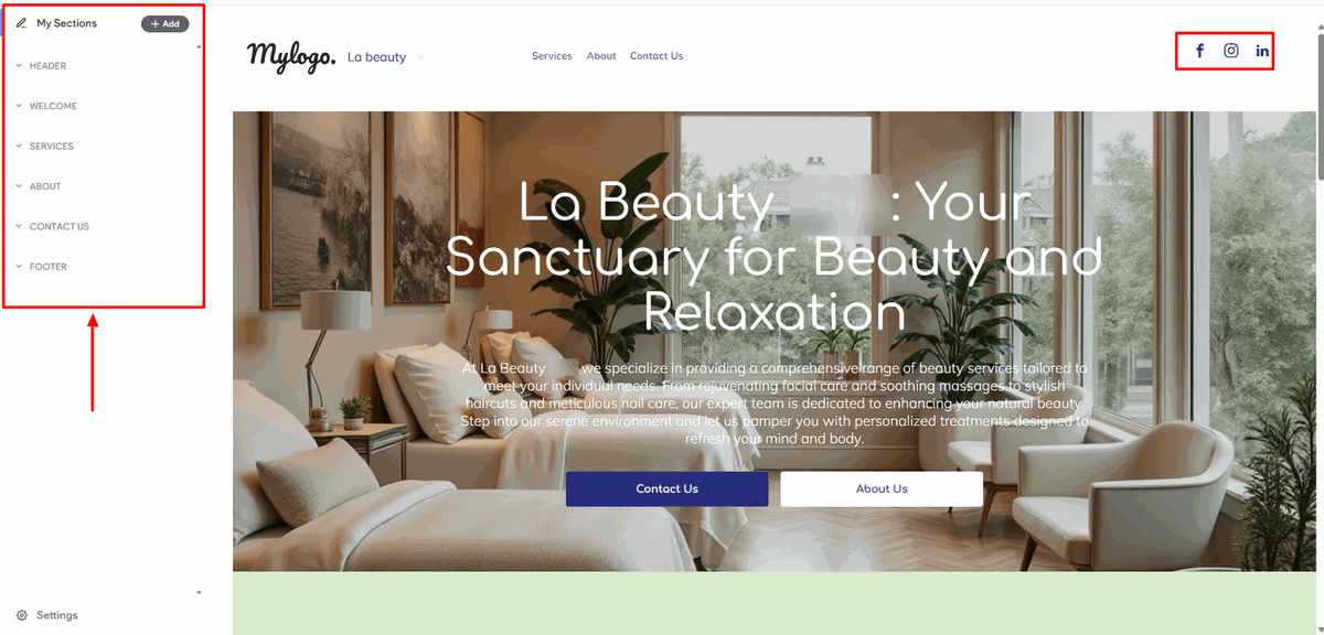 DaySmart Salon website sections with services and social media for beauty salon