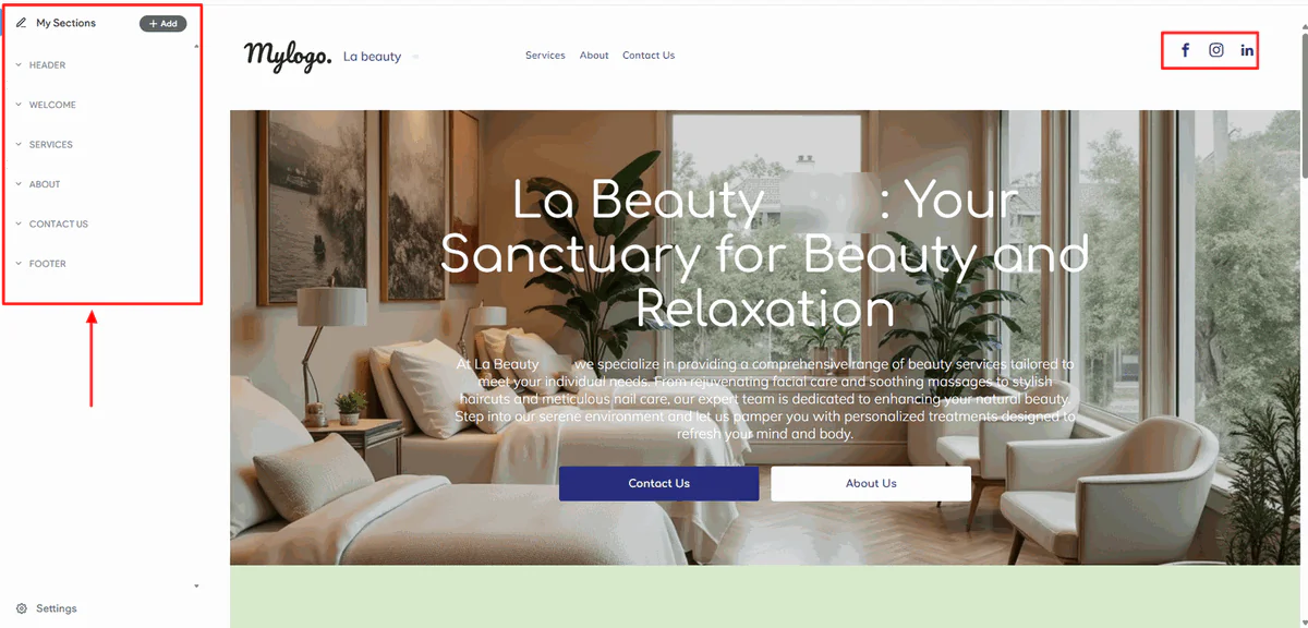 DaySmart Salon website sections with services and social media for beauty salon