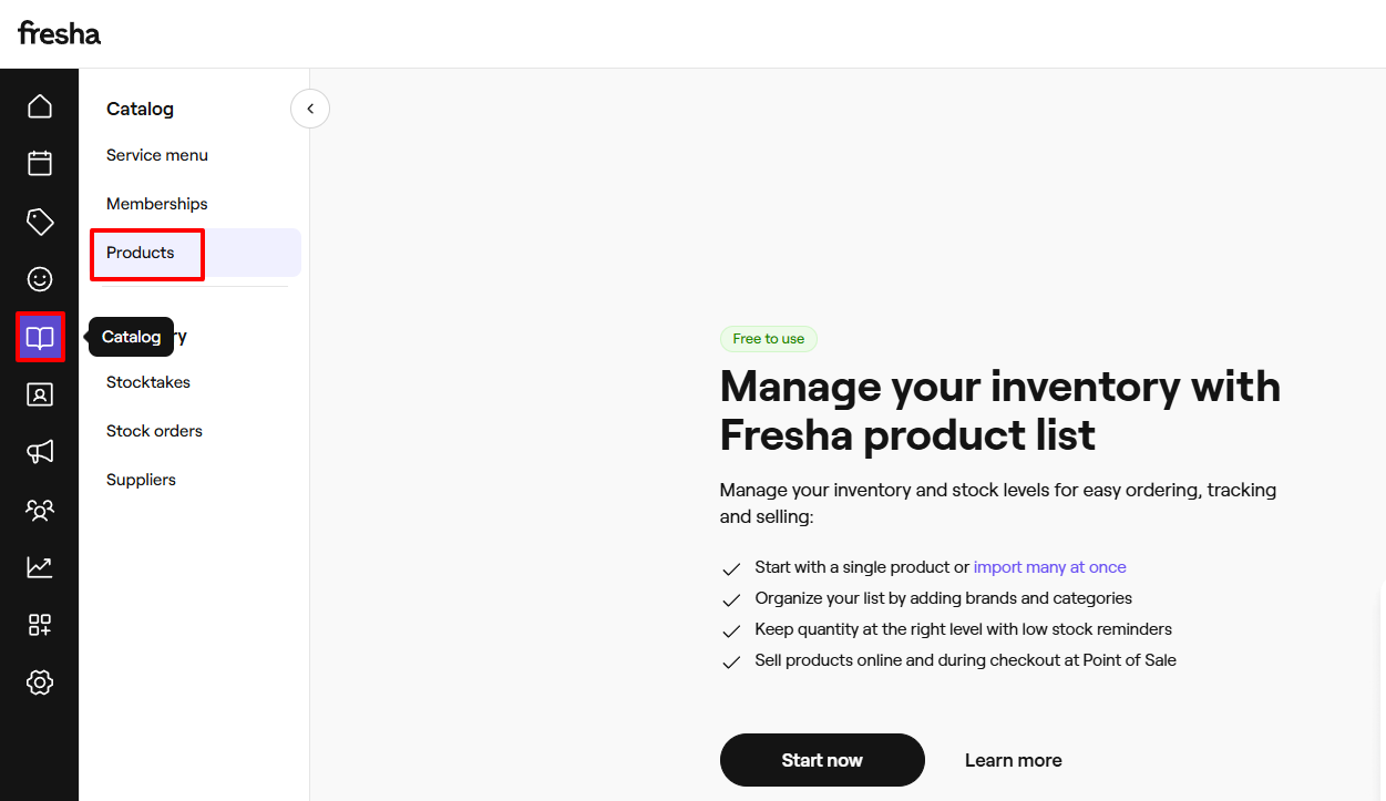 Fresha catalog products section in beauty salon software sidebar