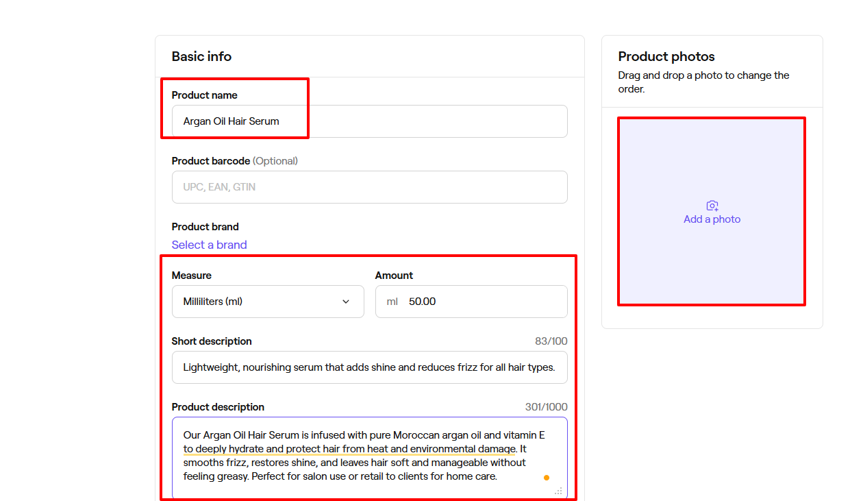Fresha create product form for beauty salon inventory