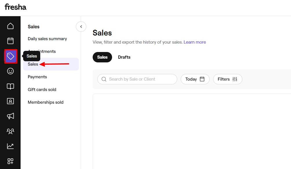 Fresha daily sales summary for beauty salon with revenue overview