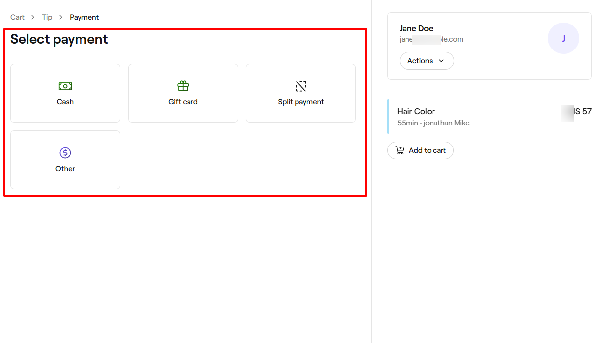 Fresha payment method selection for beauty salon transactions