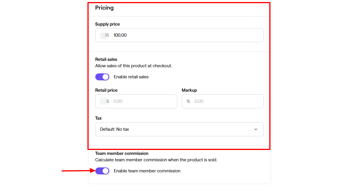 Fresha product pricing with supply price, retail price, and commission for beauty salon