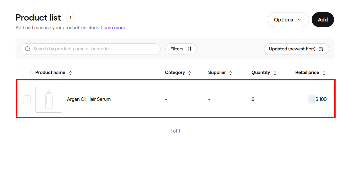 Fresha products list showing beauty salon inventory