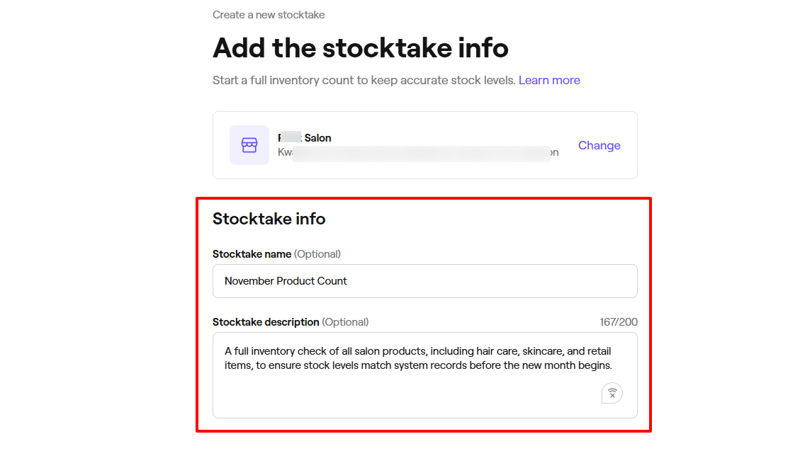 Fresha stocktake name and description setup for beauty salon