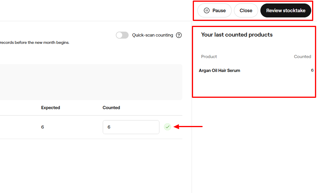 Fresha stocktake review with counted products for beauty salon