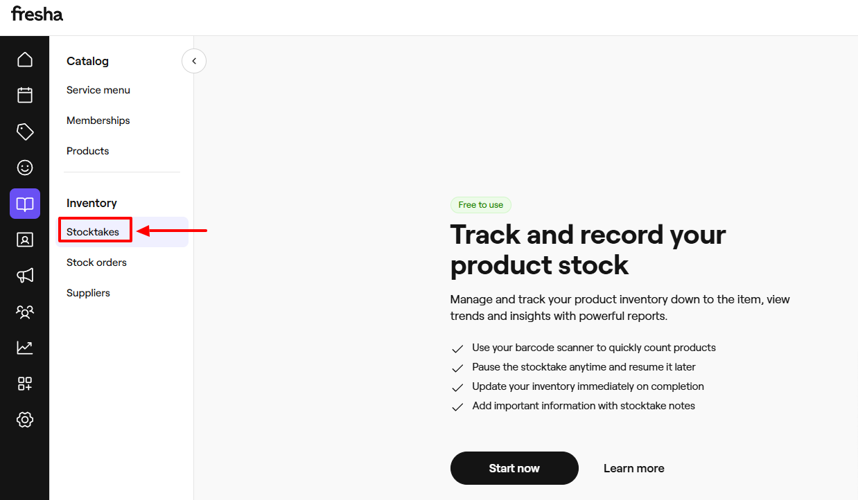 Fresha stocktakes section in catalog for beauty salon inventory management