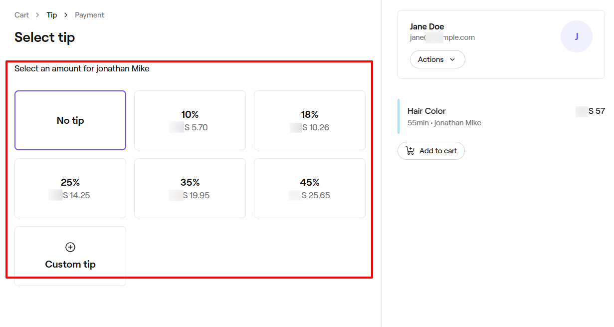 Fresha tip selection for beauty salon service provider