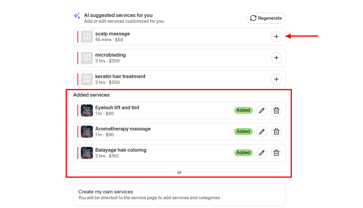 GlossGenius AI-generated services for beauty salon booking