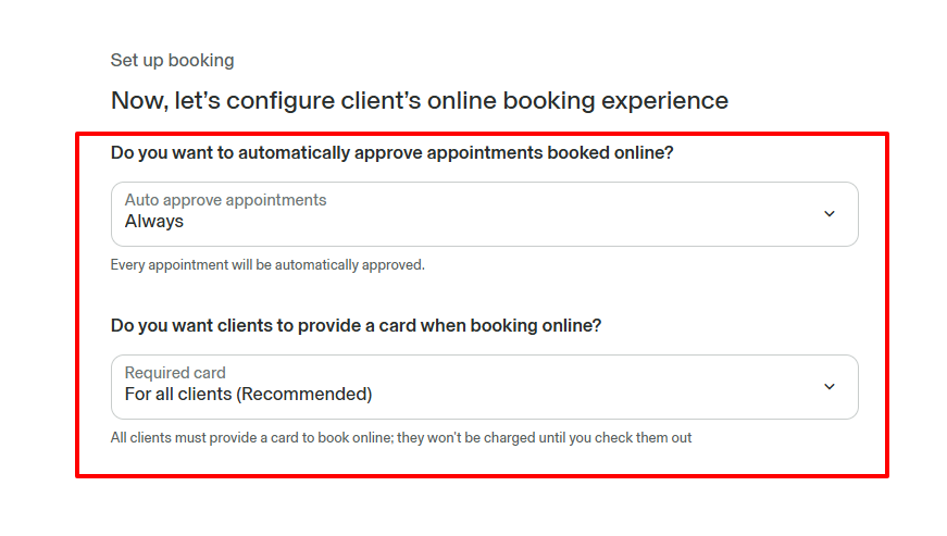 GlossGenius booking experience configuration for beauty salon clients