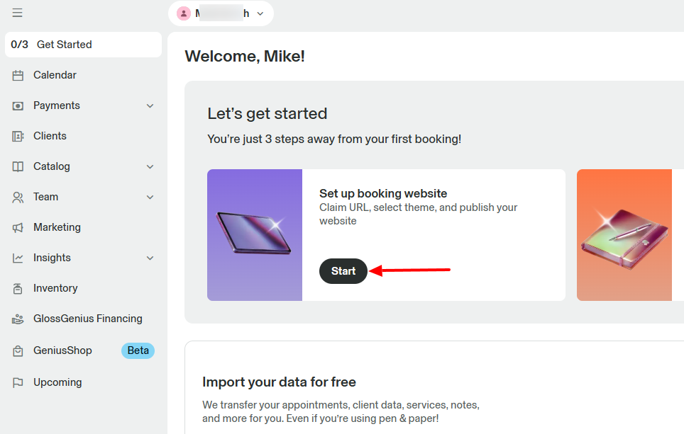 GlossGenius booking website setup for beauty salon