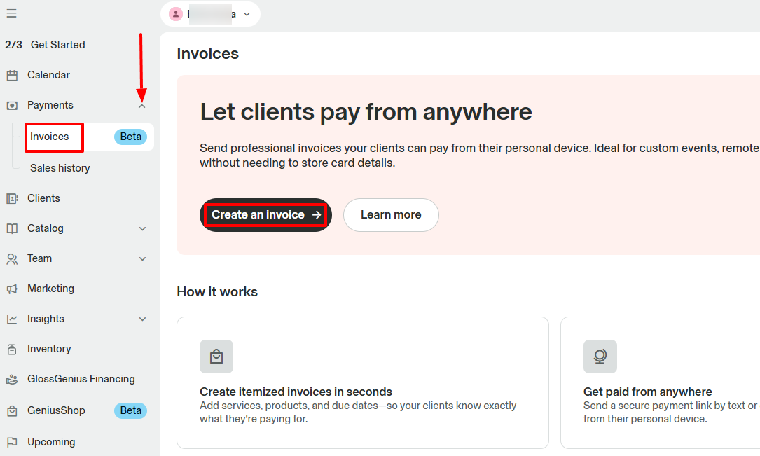 GlossGenius create invoice feature for beauty salon payments