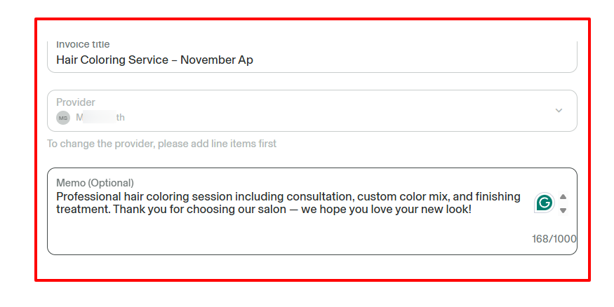 GlossGenius invoice title and memo setup for beauty salon