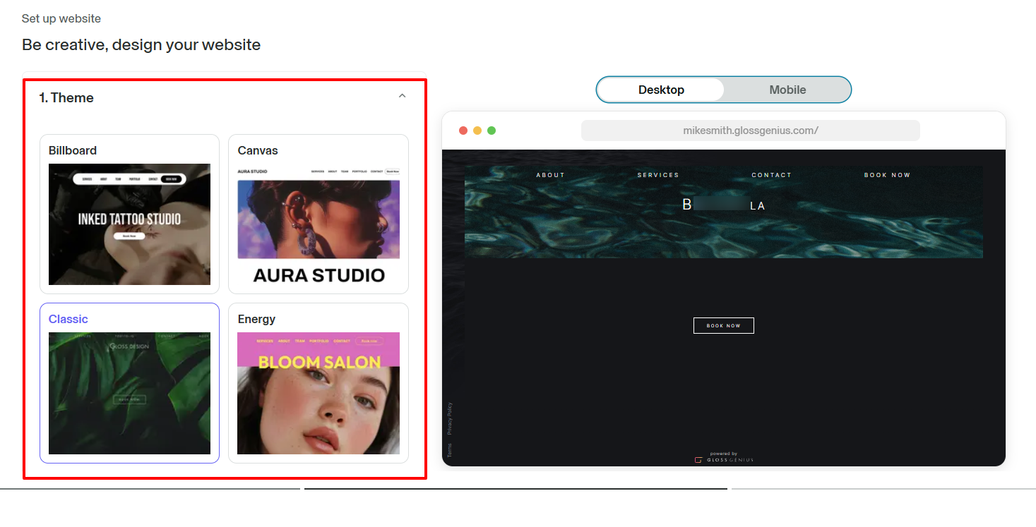 GlossGenius website themes and templates for beauty salon booking page