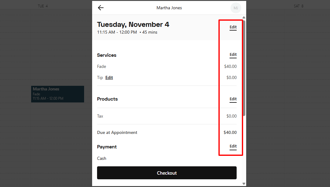 StyleSeat appointment details view with edit options for beauty salon