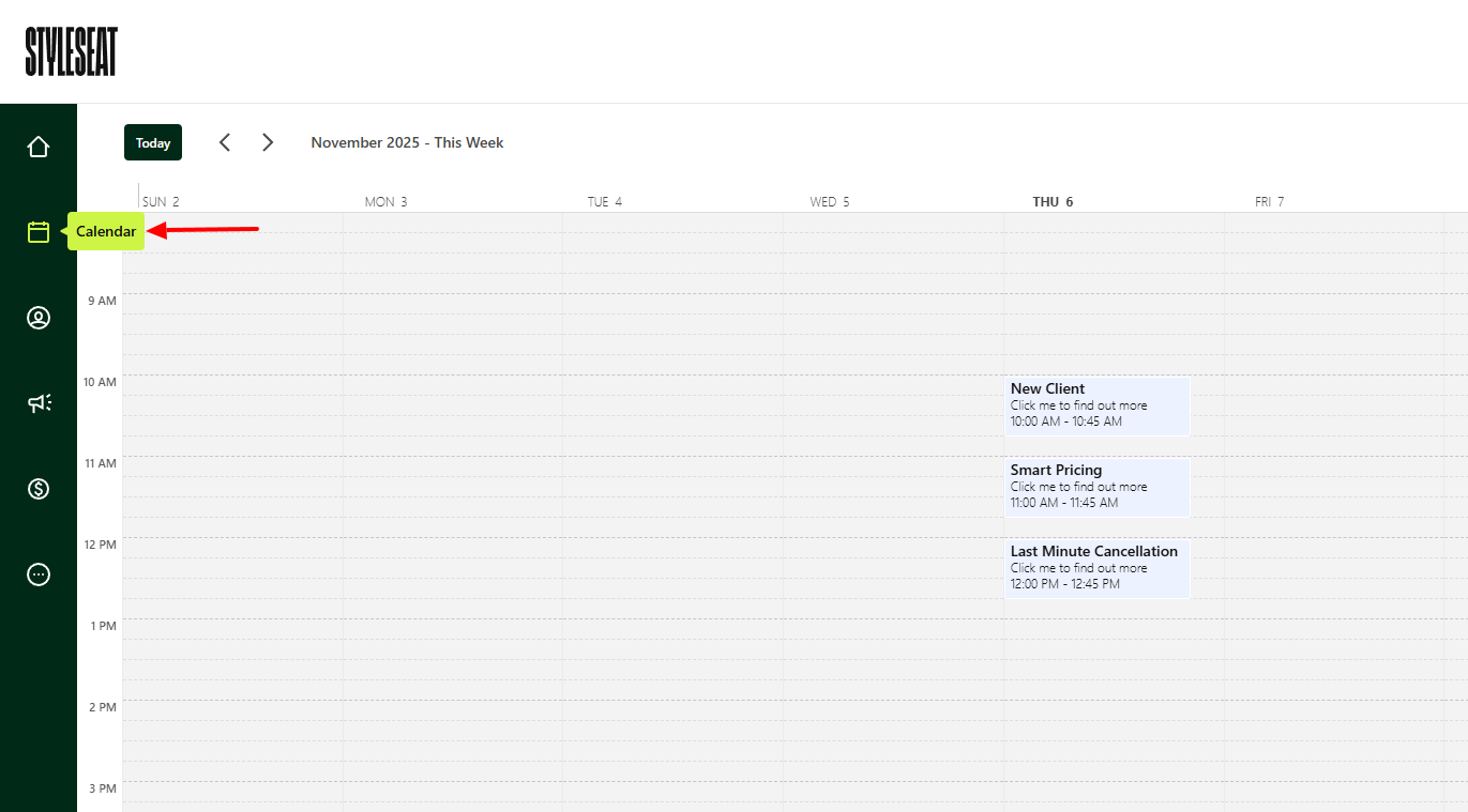 StyleSeat calendar view for creating beauty salon appointments