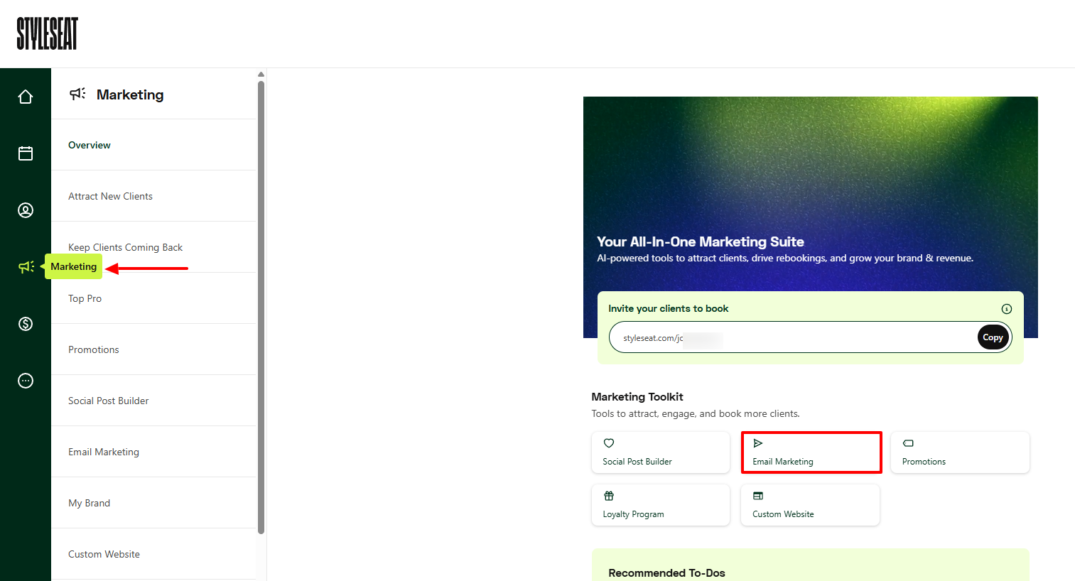 StyleSeat marketing features including promotions and email marketing for beauty salon