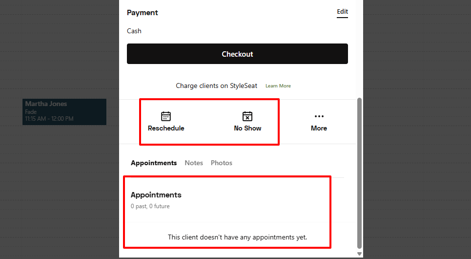 StyleSeat reschedule or mark no-show options for beauty salon appointments
