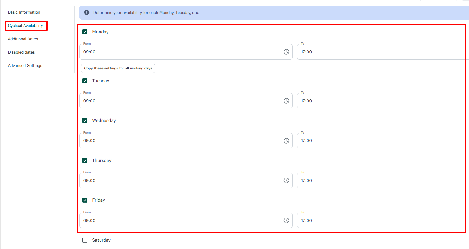 Zencal availability settings for beauty salon working hours configuration