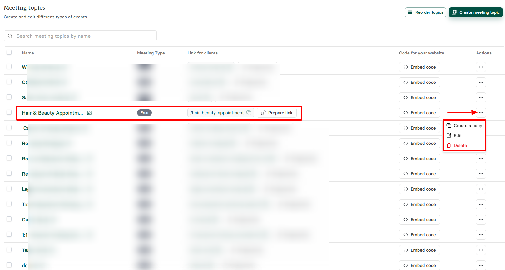 Zencal booking link sharing options - copy, share, or embed for beauty salon
