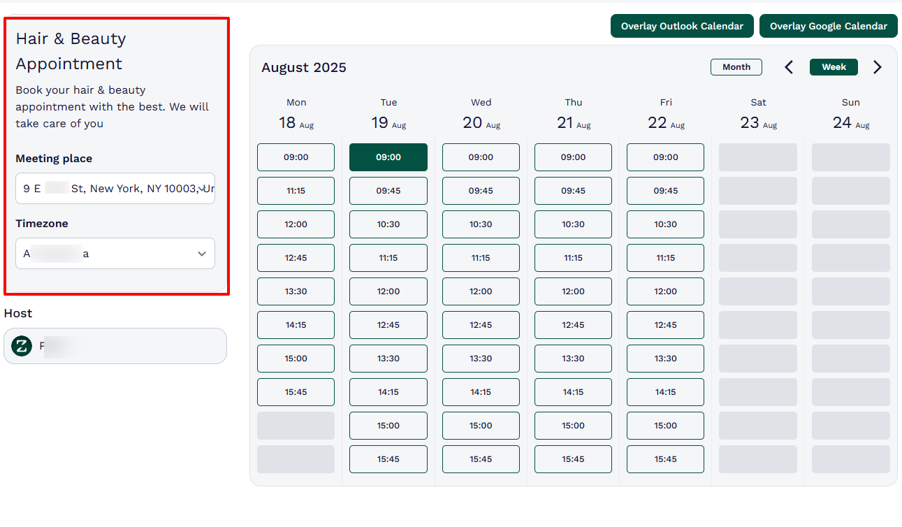 Zencal booking page calendar showing available time slots for beauty salon appointments