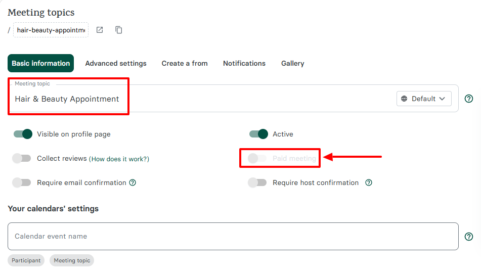 Setting up a booking page name and paid meeting option in Zencal beauty salon software
